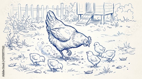 Hen with small chicks foraging in a farmyard.
