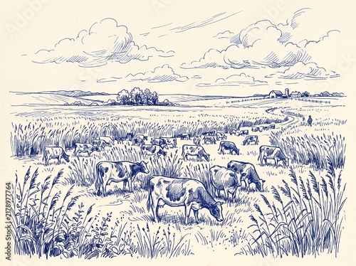 Herd of cattle grazing in open grassy meadow.