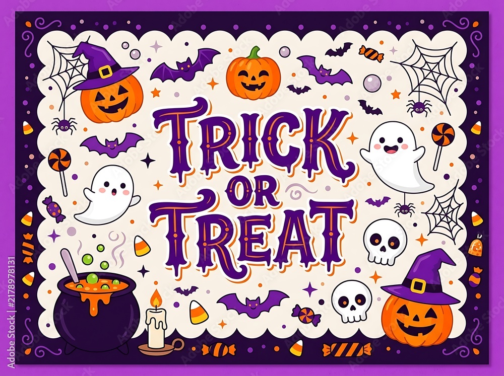 Naklejka premium Trick or Treat Halloween illustration with cute ghosts, pumpkins in hats, cauldron, and colorful candy