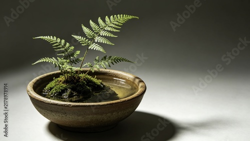 Obraz na płótnie island diorama with miniature ferns floating in pottery bowl