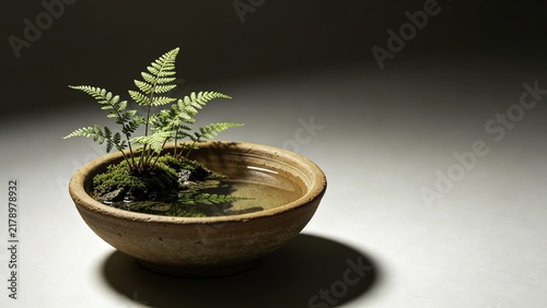 Fototapeta island diorama with miniature ferns floating in pottery bowl