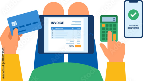 Person using tablet, credit card, and calculator for invoice payment confirmation on phone screen