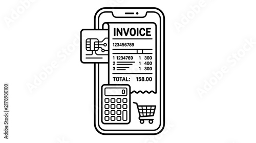 Stylized line art illustration of a smartphone displaying an invoice, with a SIM card, calculator, and shopping cart graphic elements