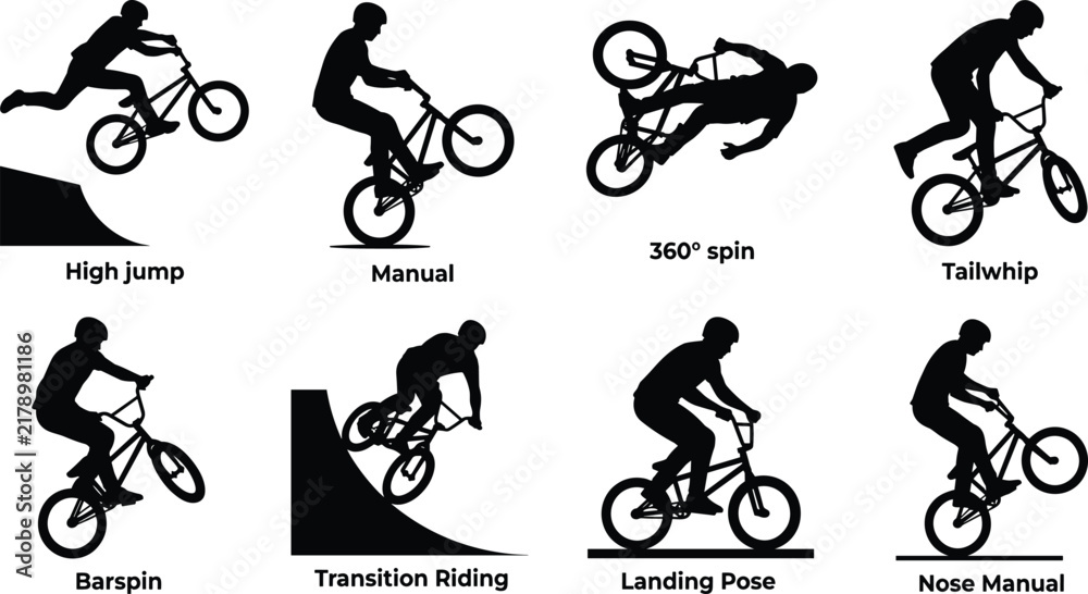 Fototapeta premium Set of BMX rider silhouettes performing extreme sports tricks, jumps, and stunts on bicycles.