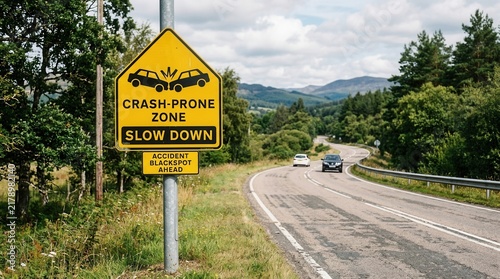 Road Safety Warning Sign For Crash Prone Zone With Cars Driving On Winding Countryside Road Ahead