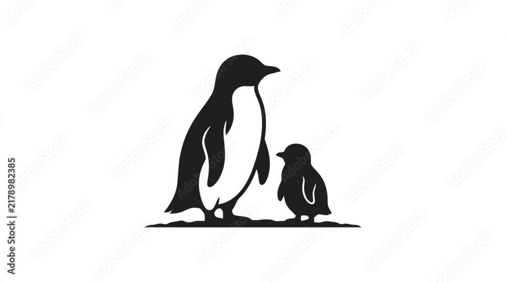 Obraz premium A silhouette illustration of an adult penguin and its chick standing together on ice, isolated on a clean white background