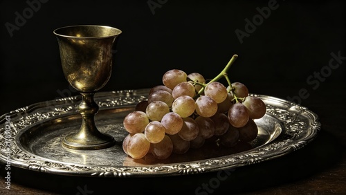 Grape bunch on chased silver plate with vintage bronze wine 