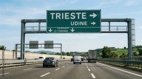 Road Sign For Trieste Udine Venezia Torino On Italian Highway