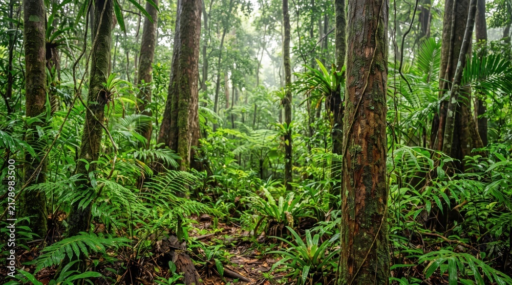 Obraz premium Dense tropical rainforest landscape with tall tree trunks lush green ferns and hanging vines under a misty overcast sky in a humid jungle environment