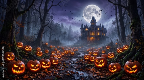 Glowing jack o lanterns with carved faces scattered across a dark misty forest floor leading to a spooky victorian mansion under a large full moon in a purple night sky