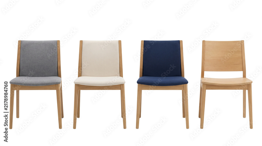 Fototapeta premium four modern wooden dining chairs isolated on transparent background png