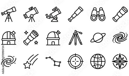 Astronomy and Space Exploration Icon Set Featuring Telescopes and Celestial Objects