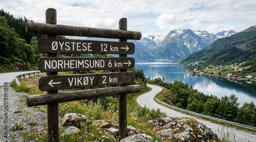 Norwegian Fjord Scenic Route Signpost Overlooking Serene Lake And Majestic Mountains