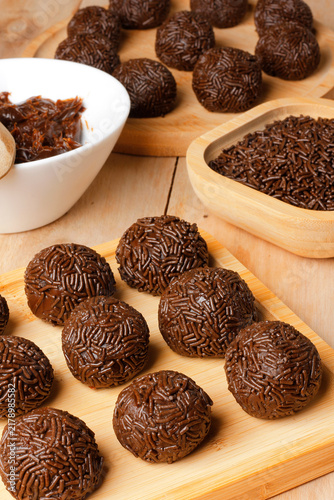 Brazilian chocolate confection known as brigadeiro, prepared in the traditional way with chocolate sprinkles.