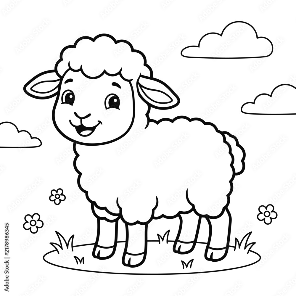 Obraz premium Cute cartoon lamb standing in a grassy field with flowers and clouds