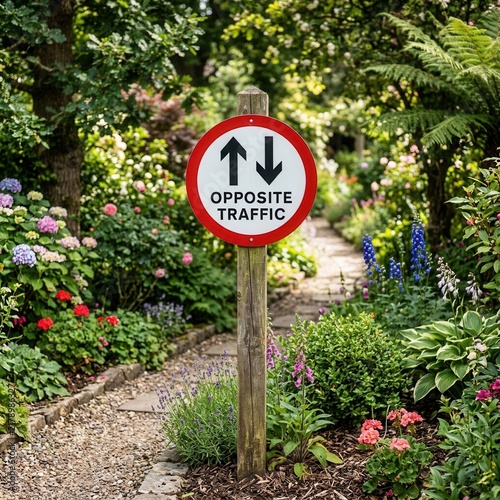 Opposite Traffic Sign In A Lush Garden Setting With Floral Blooms And Greenery
