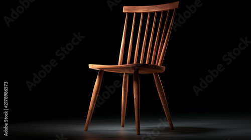 Wooden dining chair with spindle backrest stands against a dark background