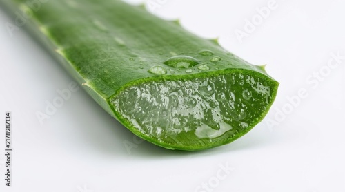 Aloe vera leaf slice with gel and water droplets on white background