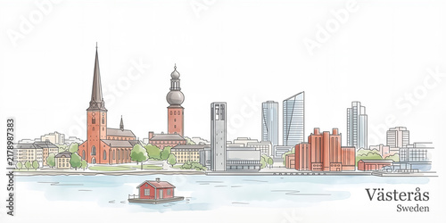 Västerås skyline featuring Swedish historic industrial landmarks, cathedral and modern waterfront architecture, stylized watercolor and line art with copy space