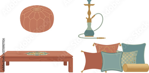 Middle Eastern Style Furniture and Lounge Decor Vector Set with Low Wooden Table Hookah Leather Pouf and Decorative Cushions for Arabic Interior Illustrations
