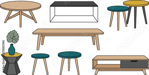 Minimalist Wooden Coffee Table and Stool Furniture Vector Set with Bench Media Console and Side Tables for Living Room Interior Decor Catalog Designs