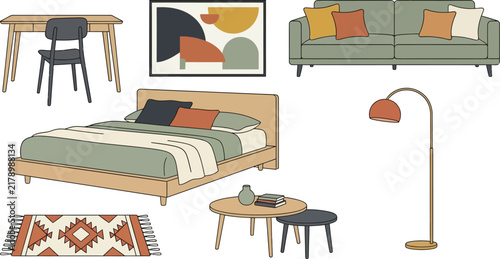 Modern Mid Century Furniture Vector Set with Scandinavian Style Bed Sofa Desk Lamp and Rug Icons for Interior Design and Home Decor Layouts