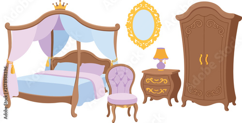 Royal Princess Bedroom Furniture Vector Set with Canopy Bed Wardrobe Nightstand Mirror and Chair Elements for Fairy Tale Room Designs