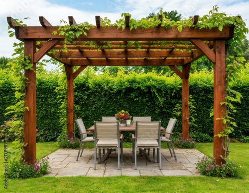 Wooden pergola with climbing plants over a patio dining set surrounded by lush greenery and colorful flowers in a residential garden setting