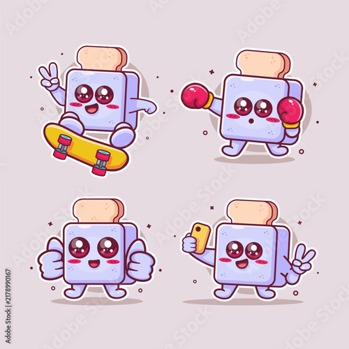 cute bread toaster mascot illustration set featuring various poses