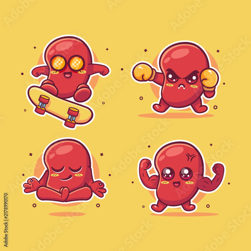 kawaii kidney organ characters  illustration set featuring skateboarding kickflip, boxing sport, yoga meditation, and flexing muscles.