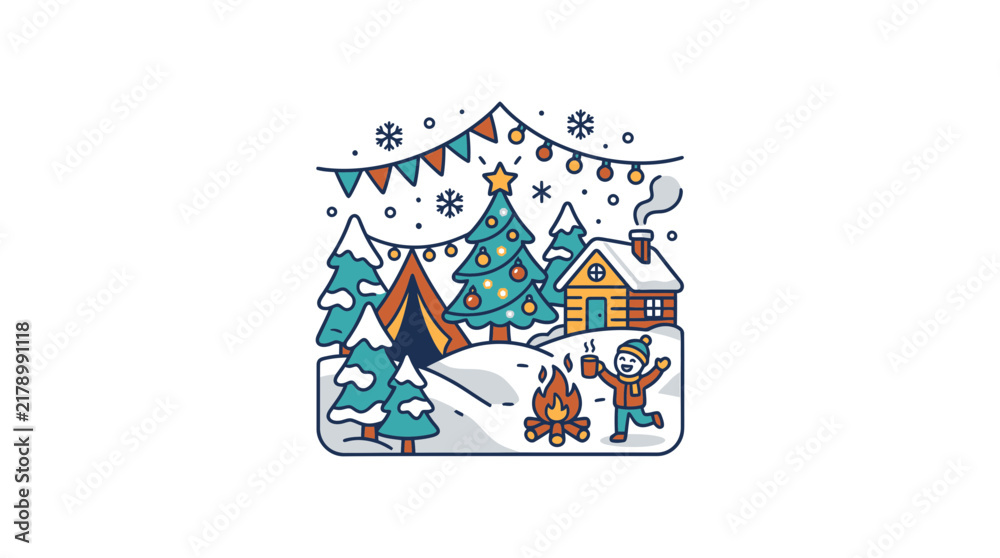 Obraz premium Winter camping scene with tent fire and cabin