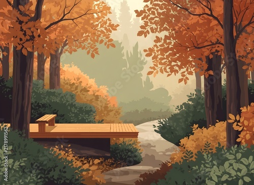 Minimalist Forest Bathing Deck in an Autumn Woodland