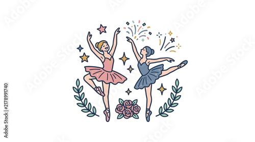 Two ballerinas dancing with floral and star accents.