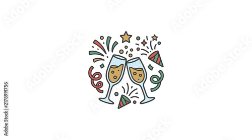 Two clinking champagne glasses with festive party confetti.