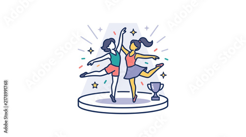 Two ballet dancers performing on stage with trophy.