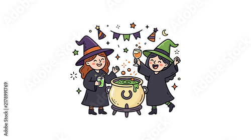 Two cute witches brewing green potion in cauldron