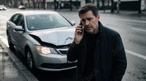 Man upset talks on mobile phone near damaged car after traffic collision on wet city street. Driver needs auto assistance for insurance claim and car repair.