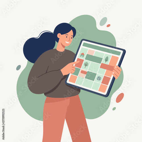 Obraz na plátne Smiling Woman Pointing at Real Estate App Mockup on Tablet Device