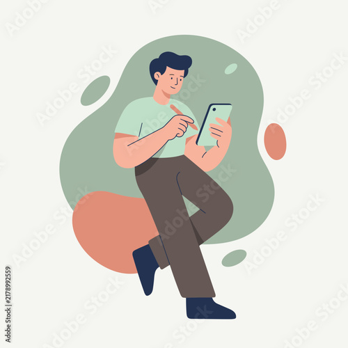 Foto Man Using Smartphone App Mockup with Pastel Organic Shapes for Product Promotion