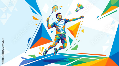 Dynamic Badminton Player In Action With Geometric Abstract Background