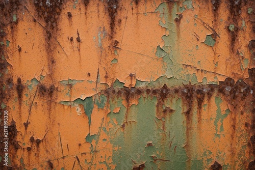 Rusty metal surface with peeling orange paint reveals green undercoat. Texture shows scratches, rust stains, and signs of wear. Old damaged material offers grunge background.