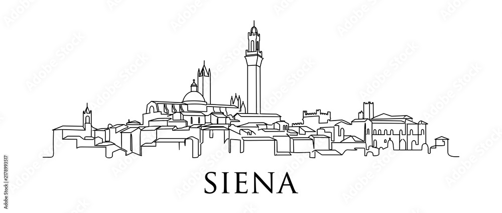 Obraz premium Line art Siena skyline featuring historic Tuscan architecture and iconic Italian landmarks, minimalist black and white city illustration on white background