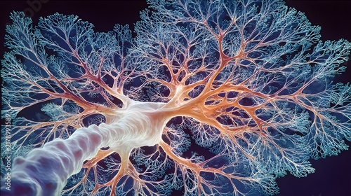 Detailed microscopic view of a branching neuron cell with intricate dendritic network and glowing neural connections.