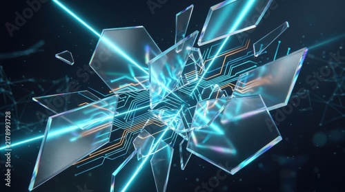 Abstract futuristic digital technology background with shattered glass panels and glowing blue cyber circuit lines
