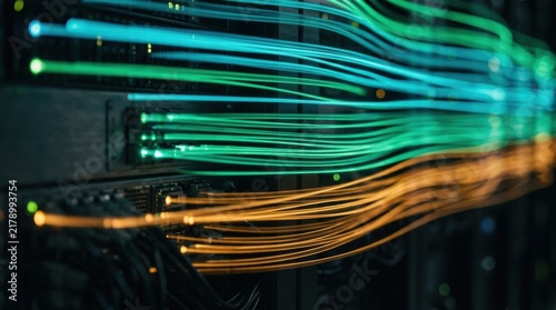 High Speed Fiber Optic Data Transmission Cables Connecting Servers Within a Modern Advanced Network Infrastructure Data Center Facility