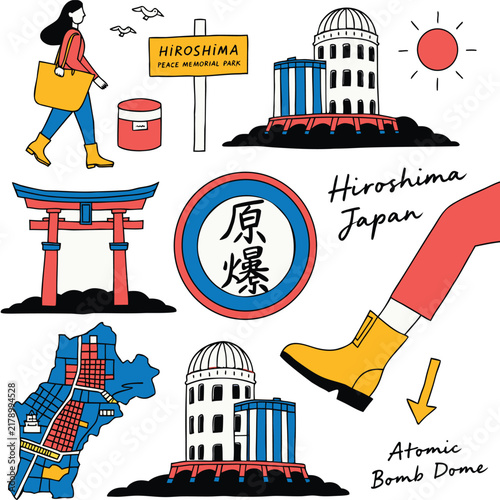 Hiroshima Travel Elements: Cute Hand-Drawn Icons of Peace Memorial Park, Atomic Bomb Dome, and Miyajima Torii Gate