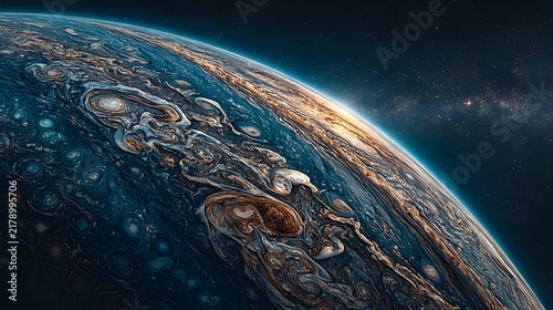 Realistic view of gas giant planet surface showing atmospheric storms, swirling vortex clouds, and starry horizon.