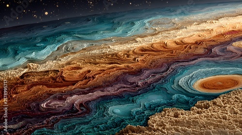 Topographic view of gas planet atmosphere featuring swirling colorful cloud layers, deep canyons, and cosmic terrain.