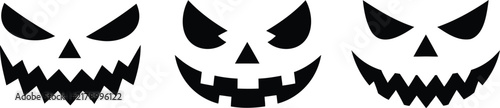 Spooky pumpkin faces vector silhouettes in black shapes for halloween party decor carved jack lantern.