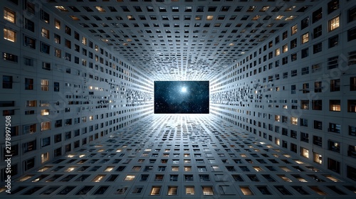 Futuristic architectural atrium perspective with illuminated modern windows and central portal opening to outer space.